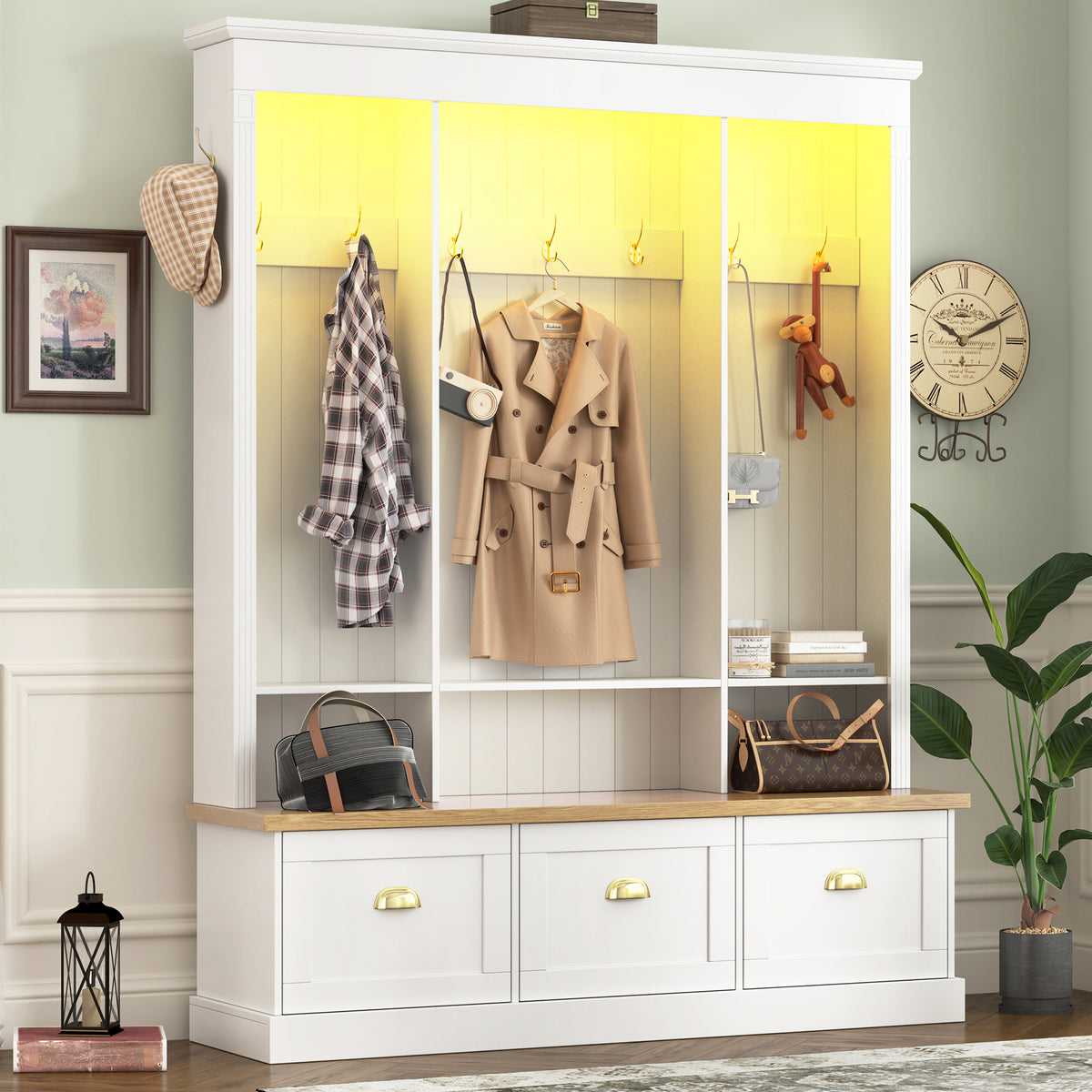 Elegant APP Controlled LED Light Hall Tree With 9 Hooks, Roman Column Design Natural Storage Bench With 3 Large Cabinets, Farmhouse Entryway Organizer With Shelves For Hallway, White