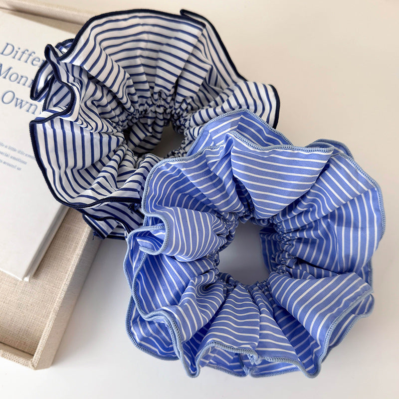Sweet Blue Striped Double-layer Large Intestine Hair Ring All-match Hair Accessories