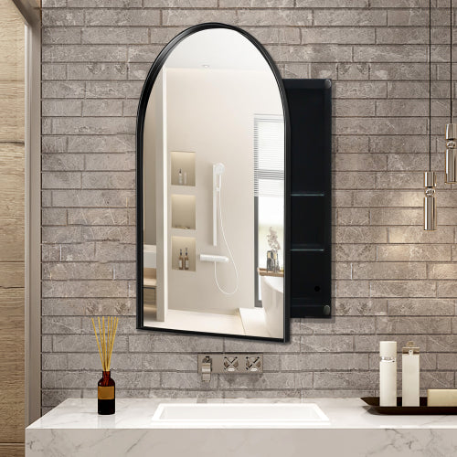 24x36 Inch Arched Recessed Medicine Cabinet, Metal Framed Bathroom Wall Cabinet With Mirror And Adjustable Shelves, Wall Mirror With Storage For Bathroom, Matte Black