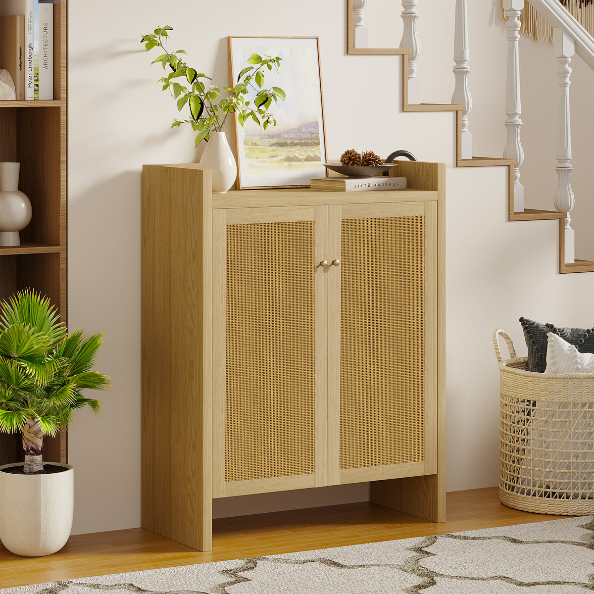 42.5 Tall Rattan Shoe Cabinet With Doors, 6-Tier Shoe Storage Cabinet With Adjustable Shelves, Wooden Freestanding Shoe Organizer Shoe Cabinet For Entryway,Hallway,Living Room Natural