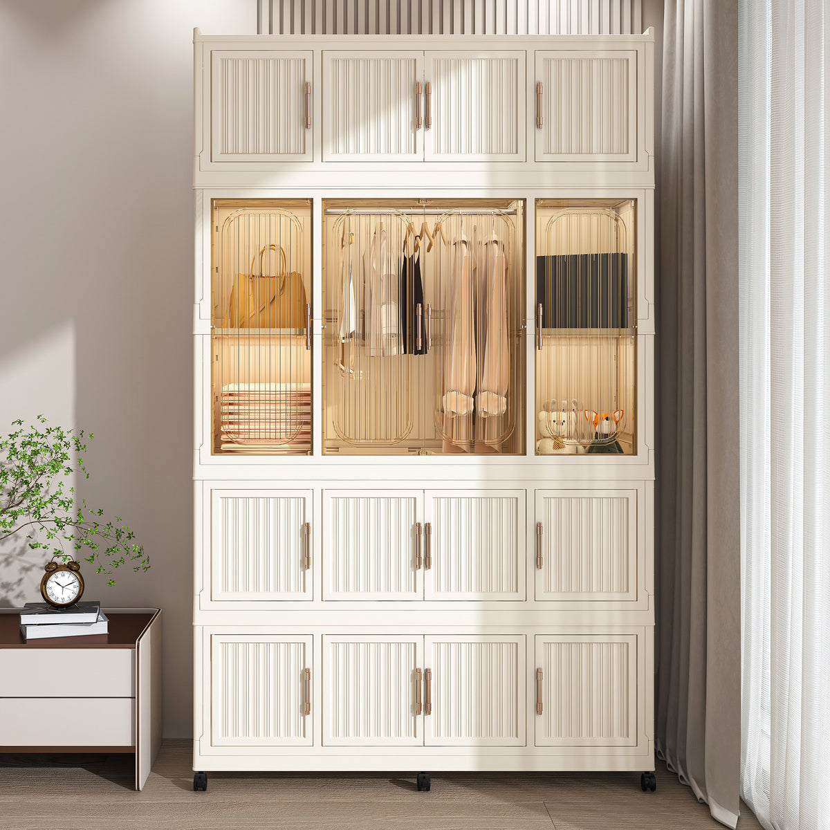 Portable Wardrobe Closet Storage Organizer For Clothes,Clothes Dresser,17 Magnetic Doors-17 Cubes & 1 Hanging Rod,6 Pcs Hangers , Baby Wardrobe Storage Cabinet,White