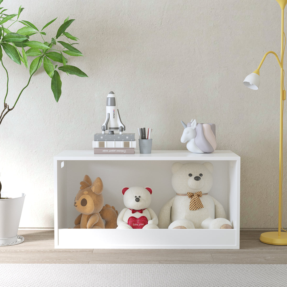 Open Toy Storage Box For Kids, White Wooden Organizer Bin For Plush Toys, Books, Nursery Or Playroom Use