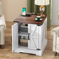ON-TREND Farmhouse End Table With Charging Station, Rustic Wood Nightstand With Adjustable Shelf, 19.6W Versatile Walnut Sofa Side Table With Barn Doors & Retro Hinges For Bedroom, Living Room, White
