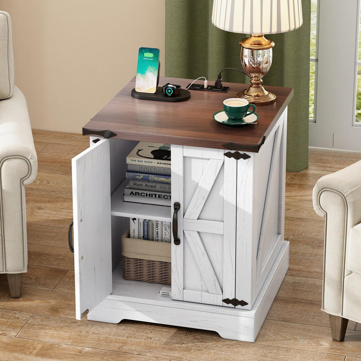 ON-TREND Farmhouse End Table With Charging Station, Rustic Wood Nightstand With Adjustable Shelf, 19.6W Versatile Walnut Sofa Side Table With Barn Doors & Retro Hinges For Bedroom, Living Room, White