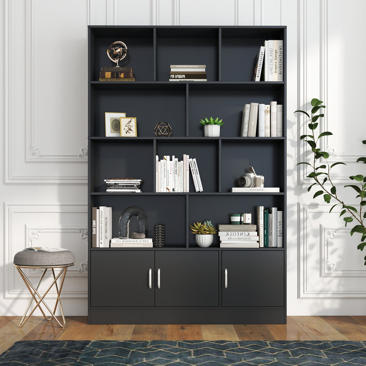 70.87 Tall Bookshelf With 10 Cubes And 3 Doors, 4-Tier Bookshelf, Open Shelf Bookcase With Cabinet, Modern Cube Storage Organizer For Living Room, And Office