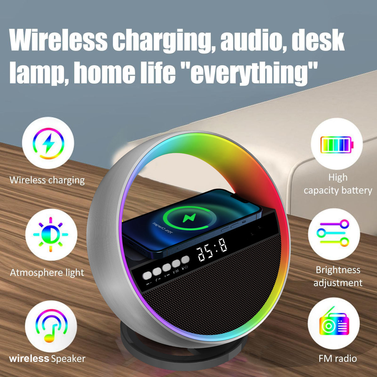 New Multifunction RGB Night Light Wireless Charger Bluetooth-compatible Speaker Large G Ambience Light Home Decor