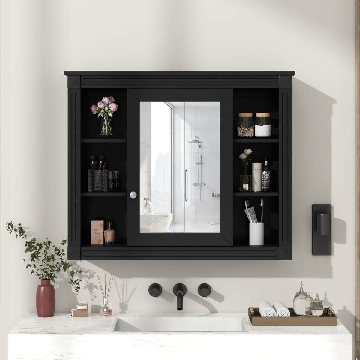 35 X 28 Wall Mounted Bathroom Storage Cabinet, Medicine Cabinet, Modern Bathroom Wall Cabinet With Mirror, Mirror Cabinet With 6 Open Shelves Not Include Bathroom Vanity