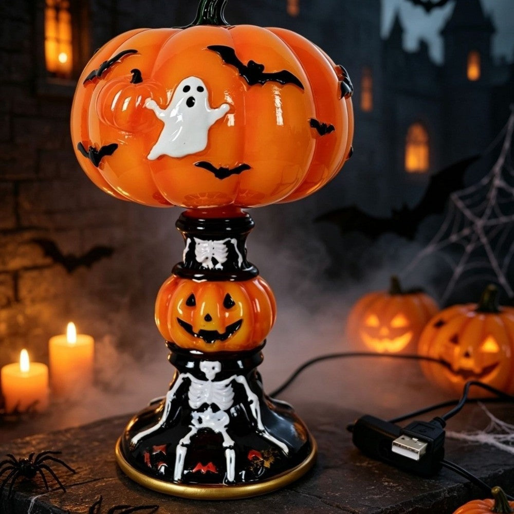 Halloween Night Light USB Powered Handcrafted Resin Pumpkin Lamp Retro Glowing Gothic Halloween Table Lamp Holiday Decor