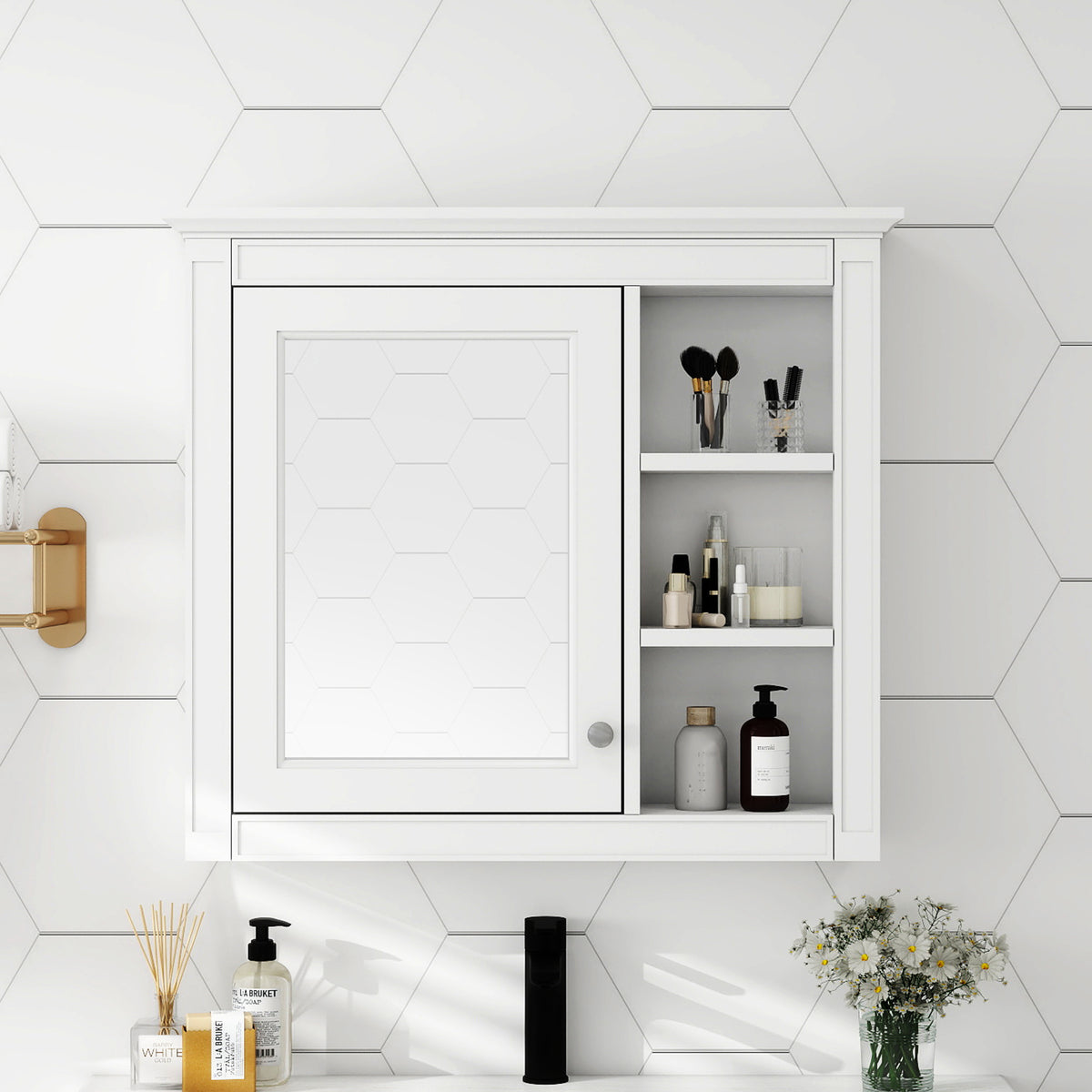 30 X 28 Medicine Cabinet, Wall Mounted Bathroom Storage Cabinet, Modern Bathroom Wall Cabinet With Mirror,Medicine Cabinet,  Mirror Cabinet With 3 Open Shelves Not Include Bathroom Vanity