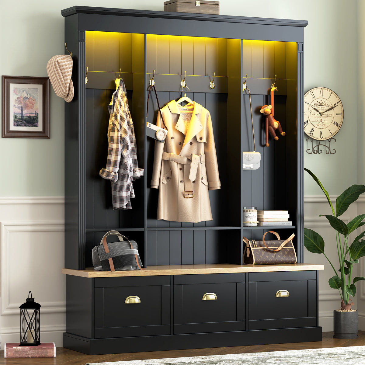 Elegant APP Controlled LED Light Hall Tree With 9 Hooks, Roman Column Design Natural Storage Bench With 3 Large Cabinets, Farmhouse Entryway Organizer With Shelves For Hallway, Black
