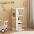 360 Rotating Kids Bookshelf With Chalkboard, 3-Tier Wood Floor Revolving Bookcase & Toy Storage Organizer, Picture Book Display Stand For Toddlers, Nursery & Playroom, White And Natural