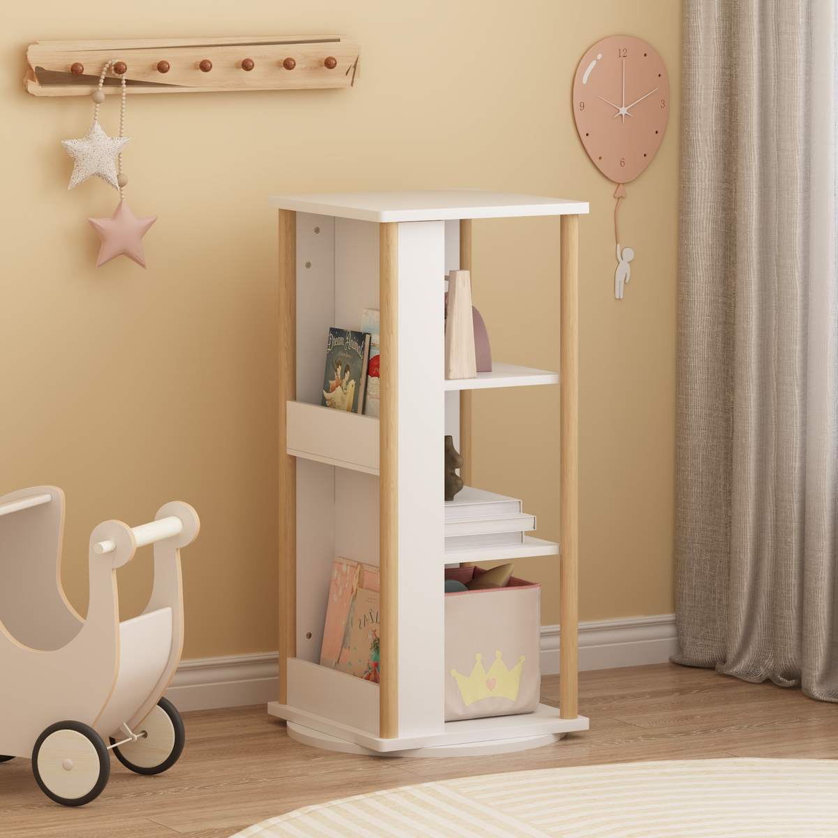 360 Rotating Kids Bookshelf With Chalkboard, 3-Tier Wood Floor Revolving Bookcase & Toy Storage Organizer, Picture Book Display Stand For Toddlers, Nursery & Playroom, White And Natural