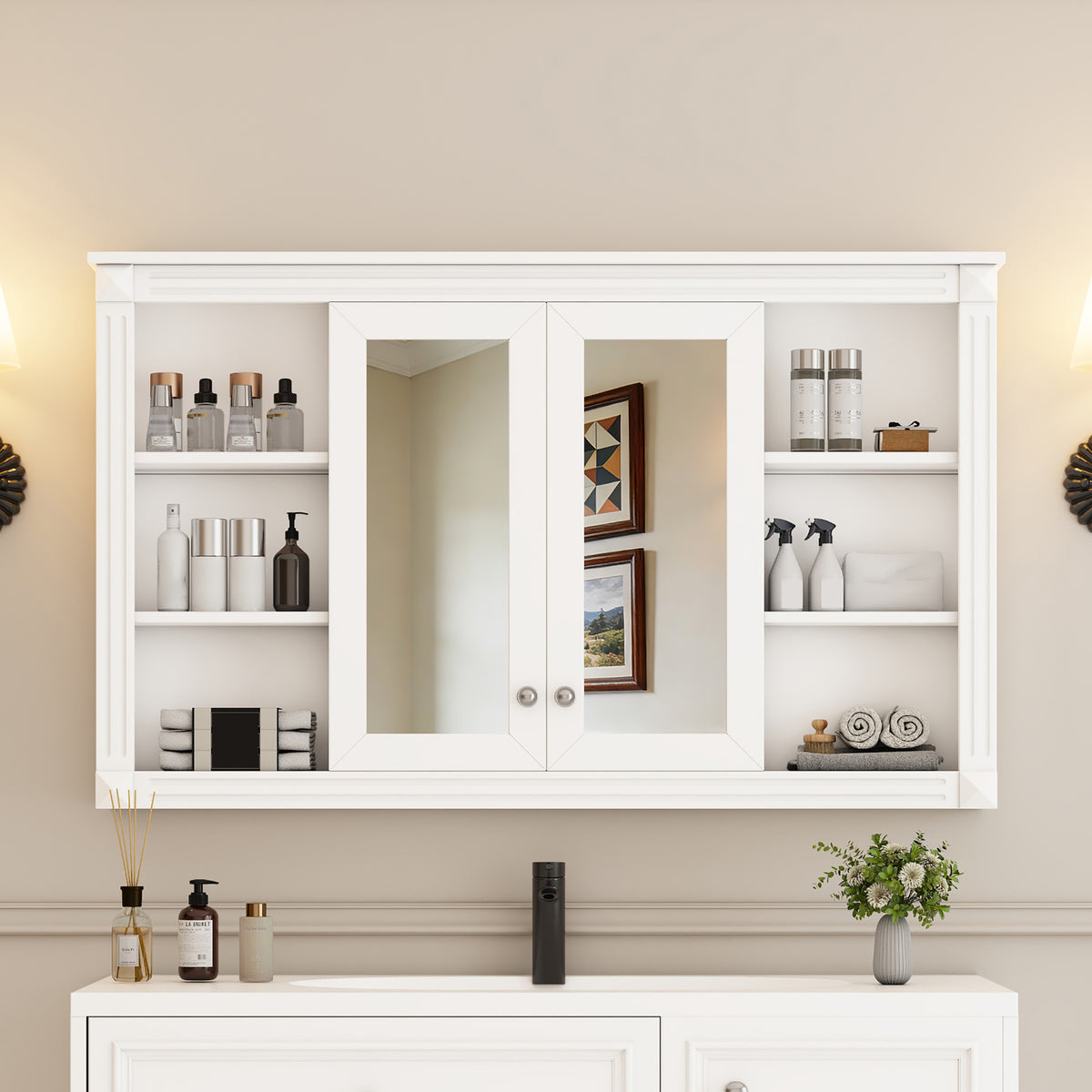 47 Inch Bathroom Mirror Cabinet With Storage, Adjustable Shelf And Open Shelves, Wall Mounted Medicine Cabinet For Bathroom, Bedroom, Vanity