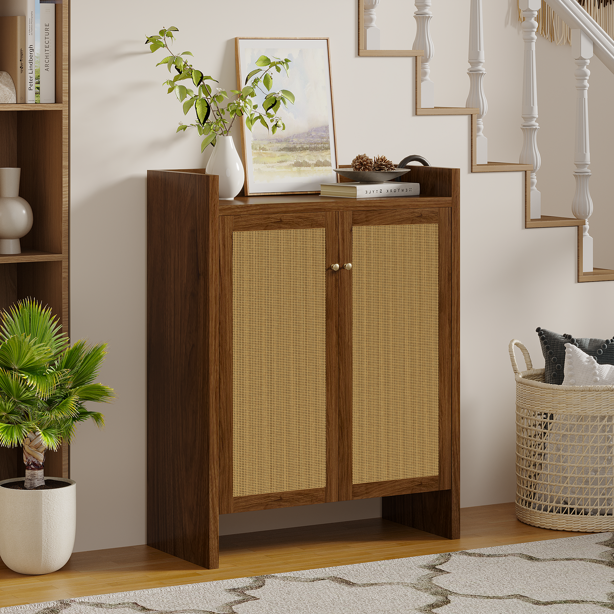 42.5 Tall Rattan Shoe Cabinet With Doors, 6-Tier Shoe Storage Cabinet With Adjustable Shelves, Wooden Freestanding Shoe Organizer Shoe Cabinet For Entryway,Hallway,Living Room Walnut