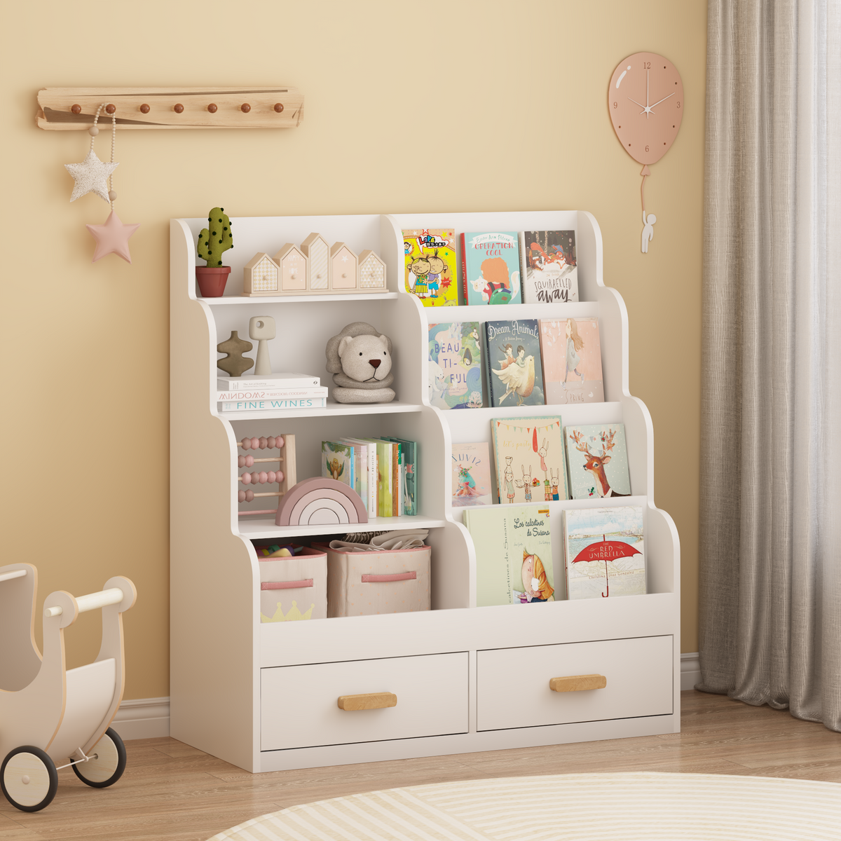 Kids Bookshelf With 2 Storage Drawers, Front-Facing Children's Bookcase And Toy Organizer, Multi-Tier Reading Shelf For Toddlers, Playroom, Bedroom, Or Nursery - White