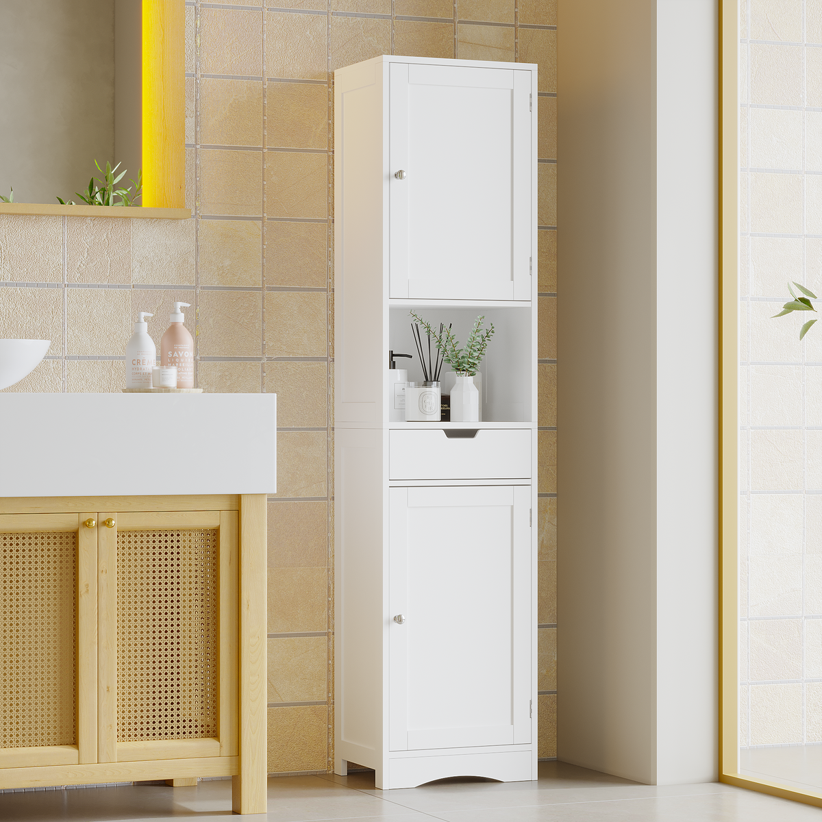 67 Tall Bathroom Cabinet, Storage Cabinet With 2 Doors & 1 Drawer, Narrow Bathroom Storage Cabinets With Adjustable Shelves, Bathroom Floor Organizer For Living Room, Entryway, Home Office, White