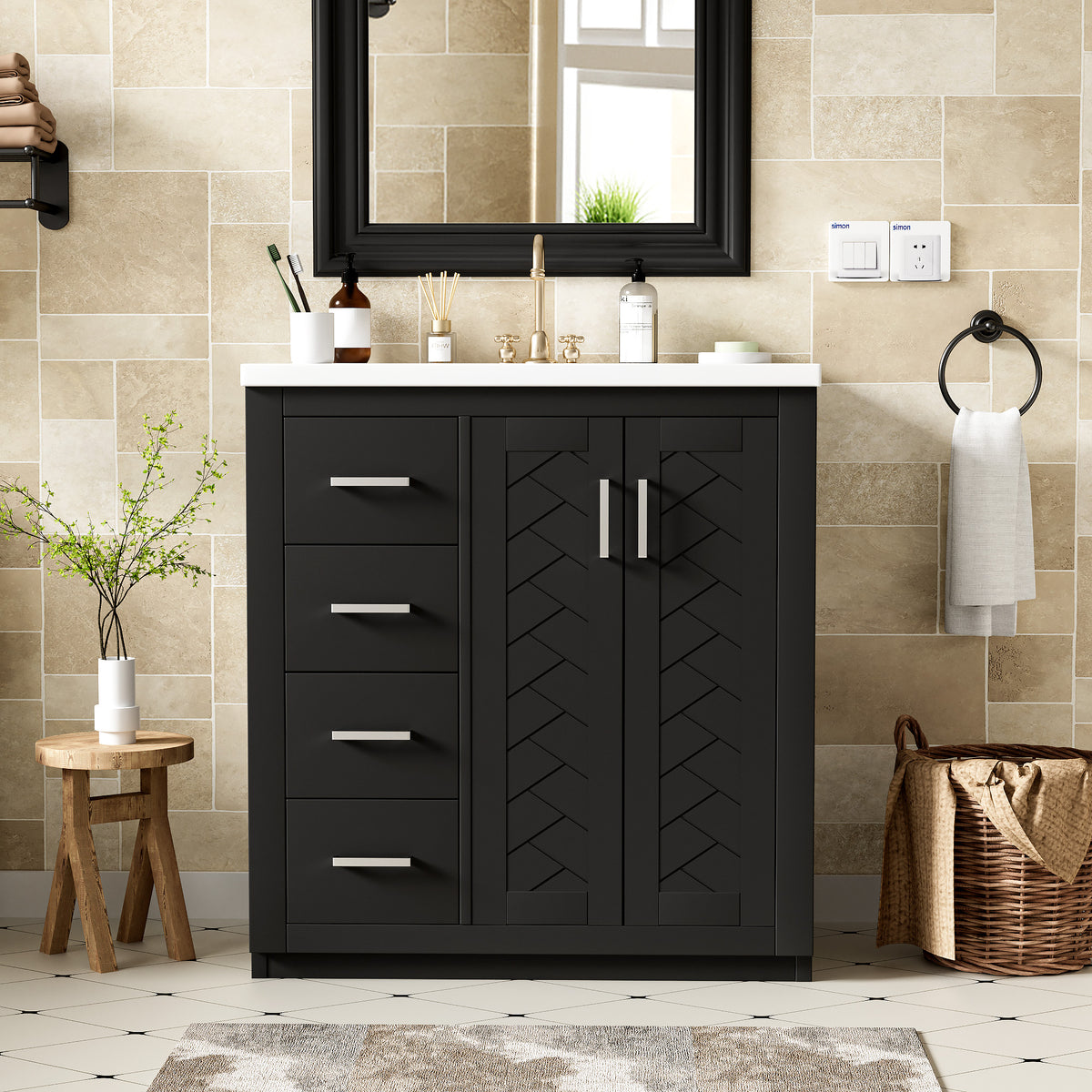30'' Bathroom Vanity With Ceramic Sink Combo,Solid Wood Frame Bathroom Storage Cabinet, Freestanding Vanity Set With 3 Drawers& Soft Closing Doors