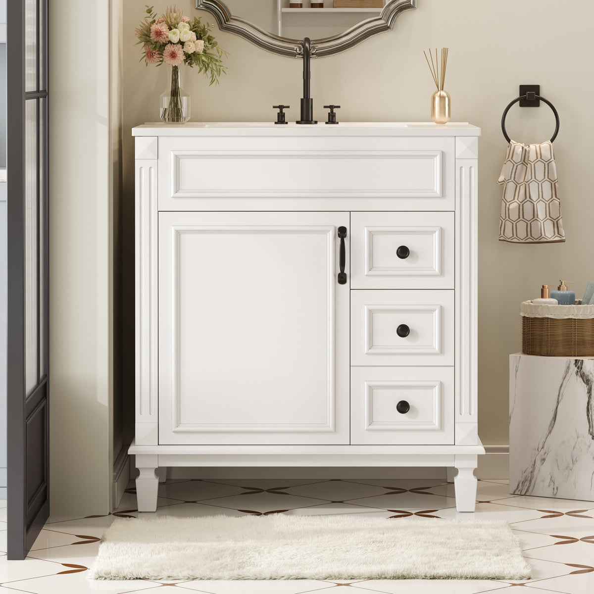 30 Bathroom Vanity With Ceramic Sink, Small Bathroom Sink Cabinet, Modern Cabinet With 2 Drawers And Adjustable Shelf