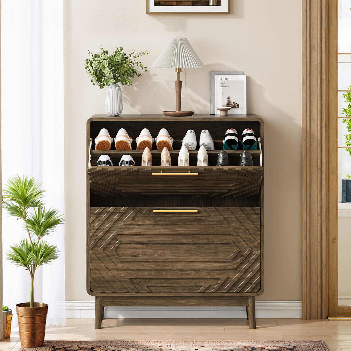 31.5 Walnut Shoe Cabinet, Mid-Century Modern Freestanding Shoe Cabinet, Freestanding Organizer With 2 Flip-Top Drawers, Suitable For Entry, Hallway And Foyer