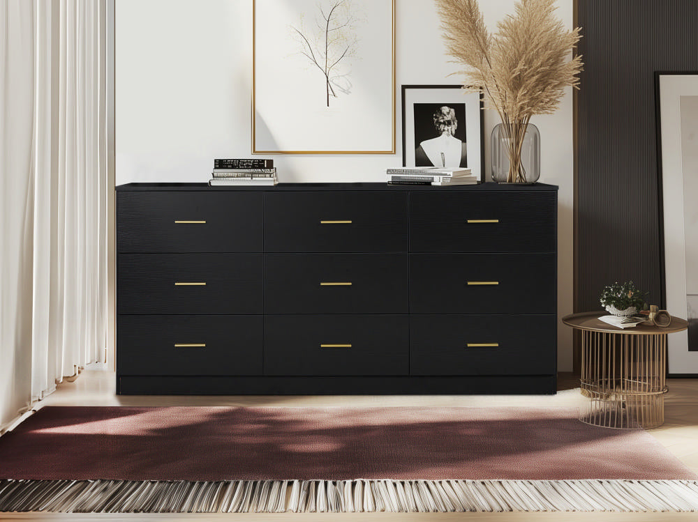 Modern Black 9-Drawer Dresser For Bedroom - Ample Storage Wide Chest Of Drawers, Sturdy & Safe